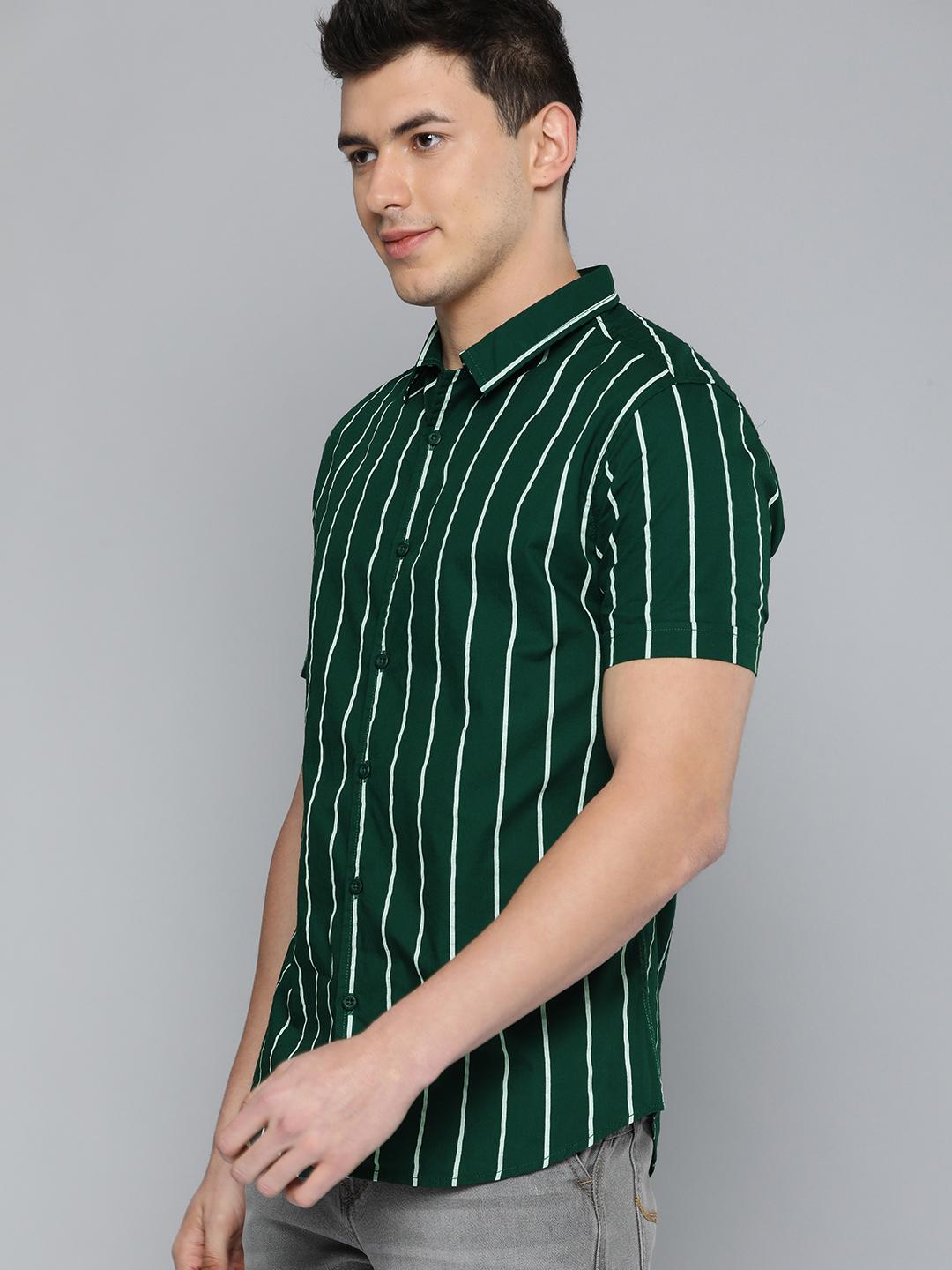 Men Green & White Striped Slim Fit Pure Cotton Casual Shirt